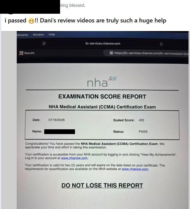 Student CCMA score report showing a scaled score of 430 with a PASS status, name blacked out
