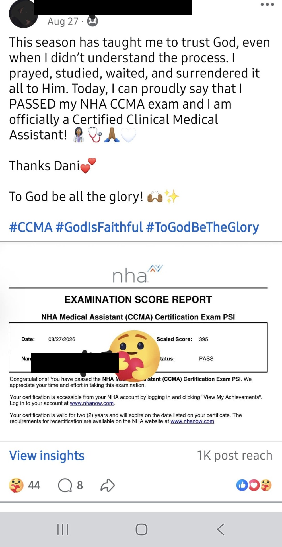 Student CCMA score report showing a scaled score of 395 with a PASS status, name blacked out