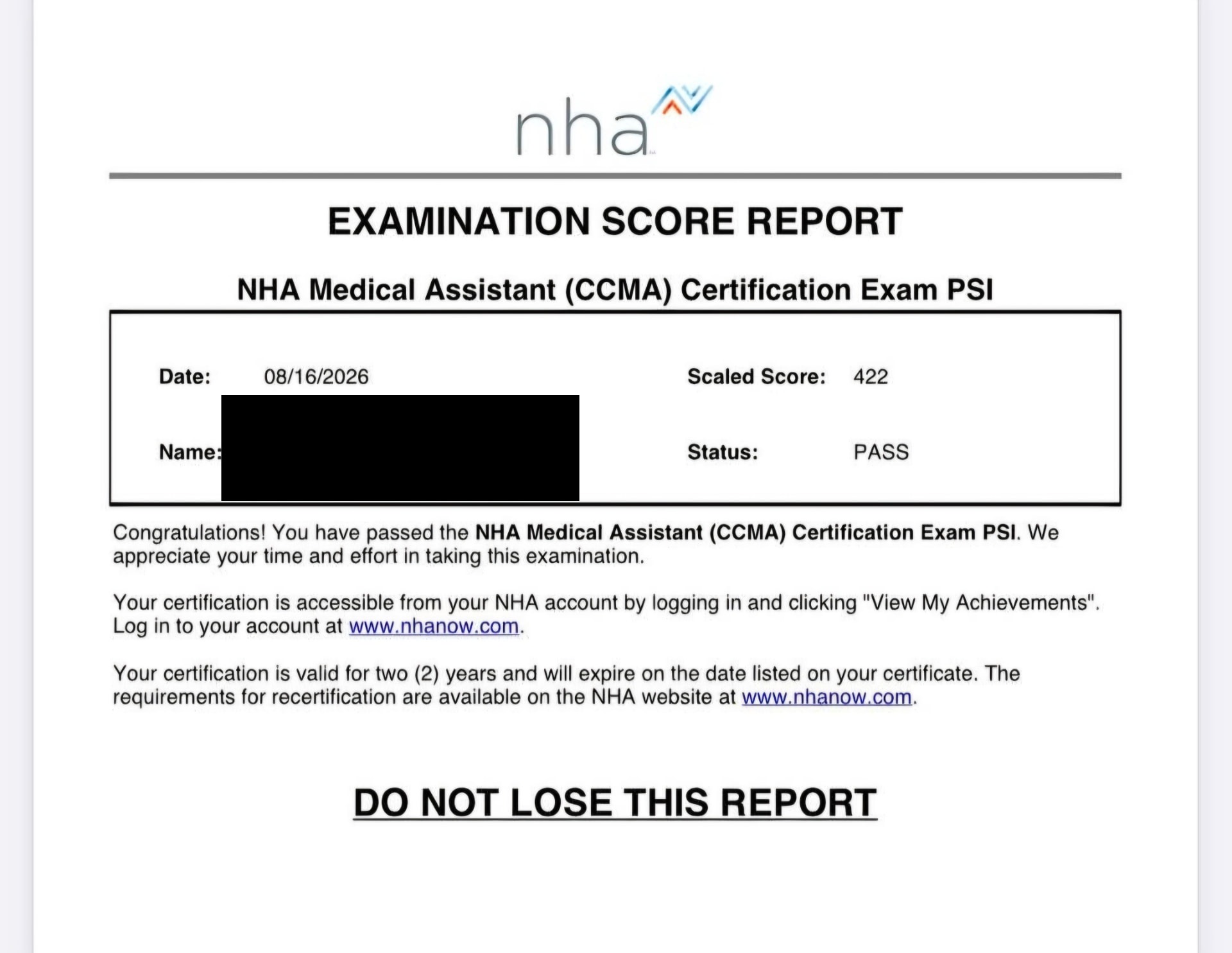 Student CCMA score report showing a scaled score of 422 with a PASS status, name blacked out