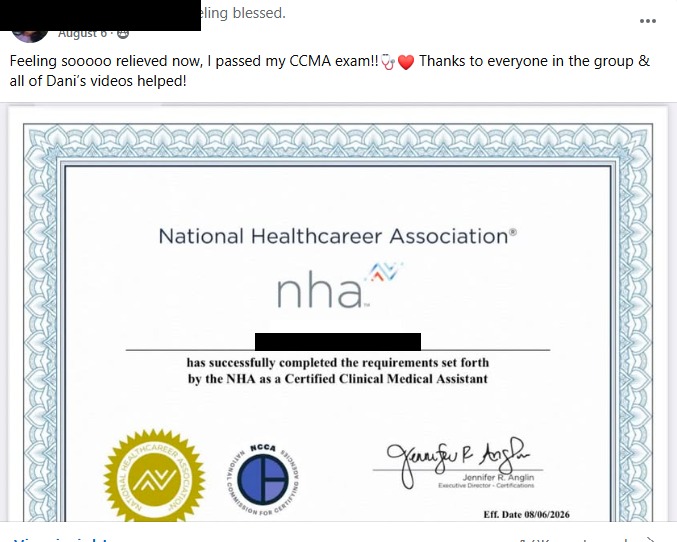 Student NHA Certified Clinical Medical Assistant certificate, name blacked out