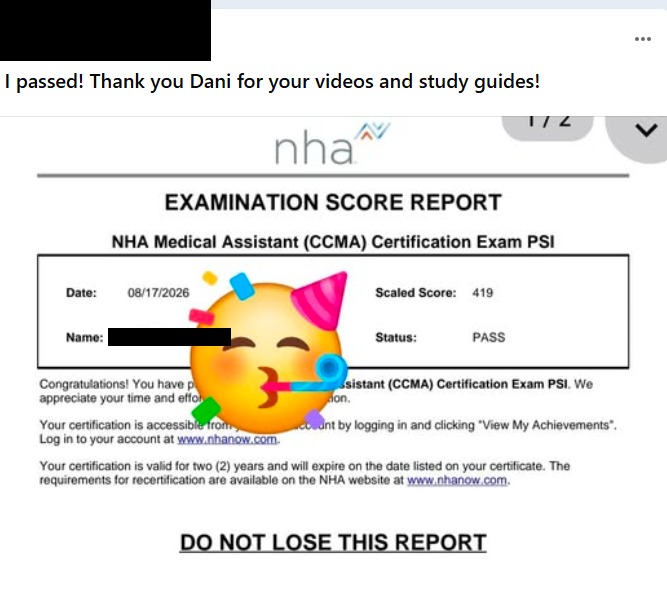 Student CCMA score report showing a scaled score of 419 with a PASS status, name blacked out