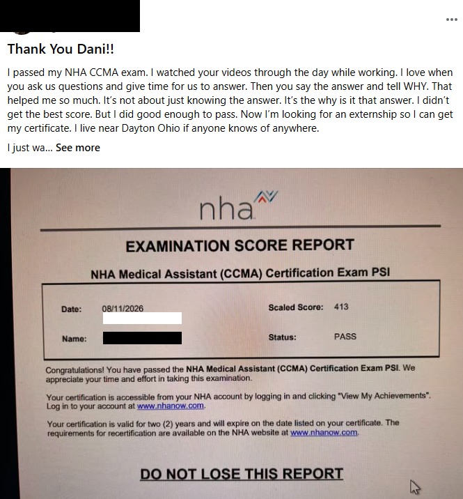 Student CCMA score report showing a scaled score of 413 with a PASS status, name blacked out